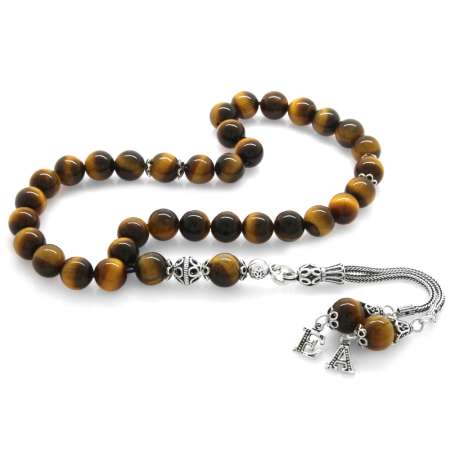 925 Ayar Gümüş Çift Harf Püsküllü Küre Kesim Kaplan Gözü Doğaltaş Tesbih - Tesbihane