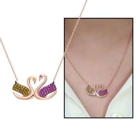 Pembe-Sarı Zirkon Taşlı Çift Kuğu Tasarım 925 Ayar Gümüş Bayan Kolye - Tesbihane