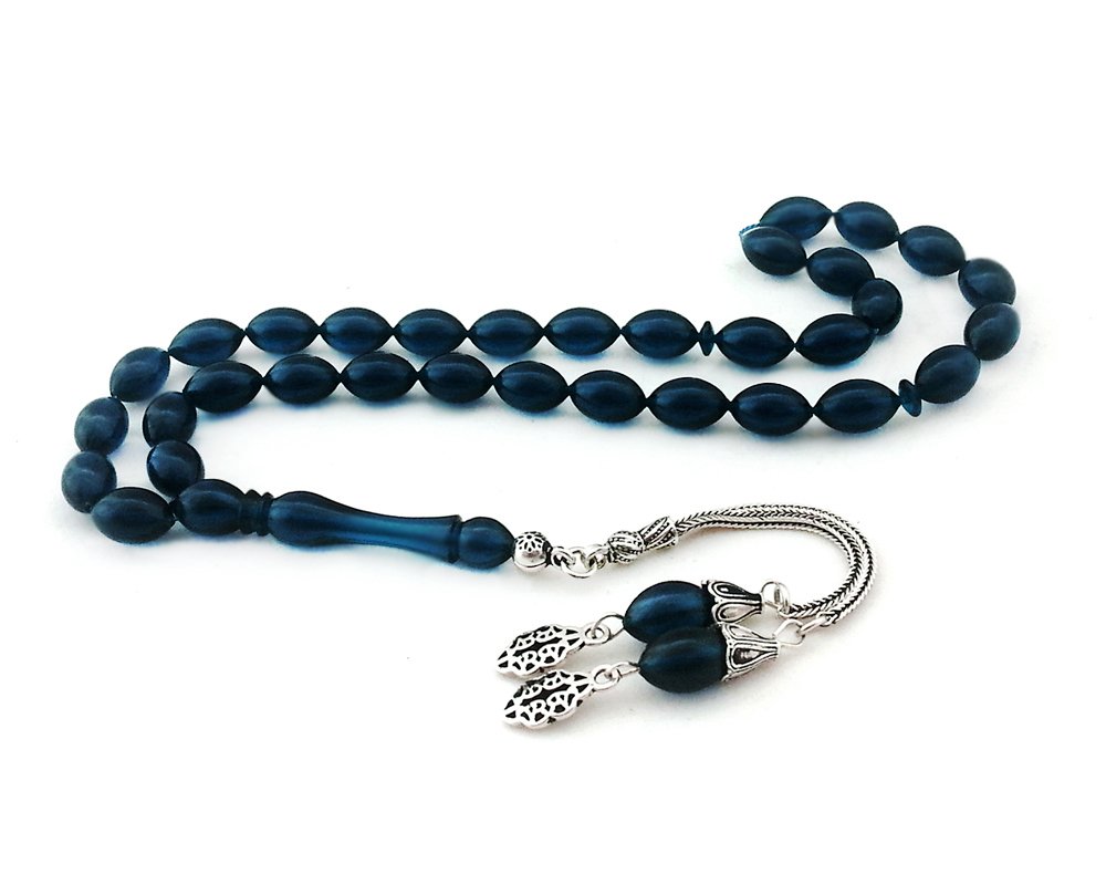 925 Ayar Gümüş Çift Püskül Sıkma Kehribar Tesbih (Model-4) - 1