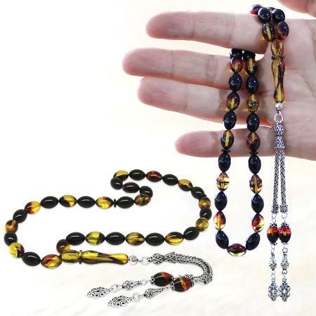 925 Ayar Gümüş Çift Püsküllü Arpa Kesim Bala Siyah Ateş Kehribar Tesbih - Tesbihane