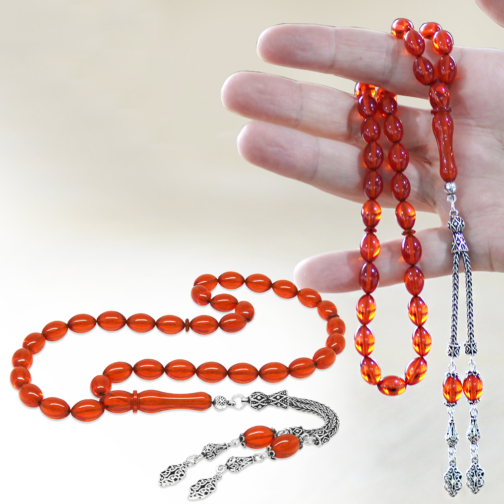 925 Ayar Gümüş Çift Püsküllü Arpa Kesim Amber Kırmızı Ateş Kehribar Tesbih - 1
