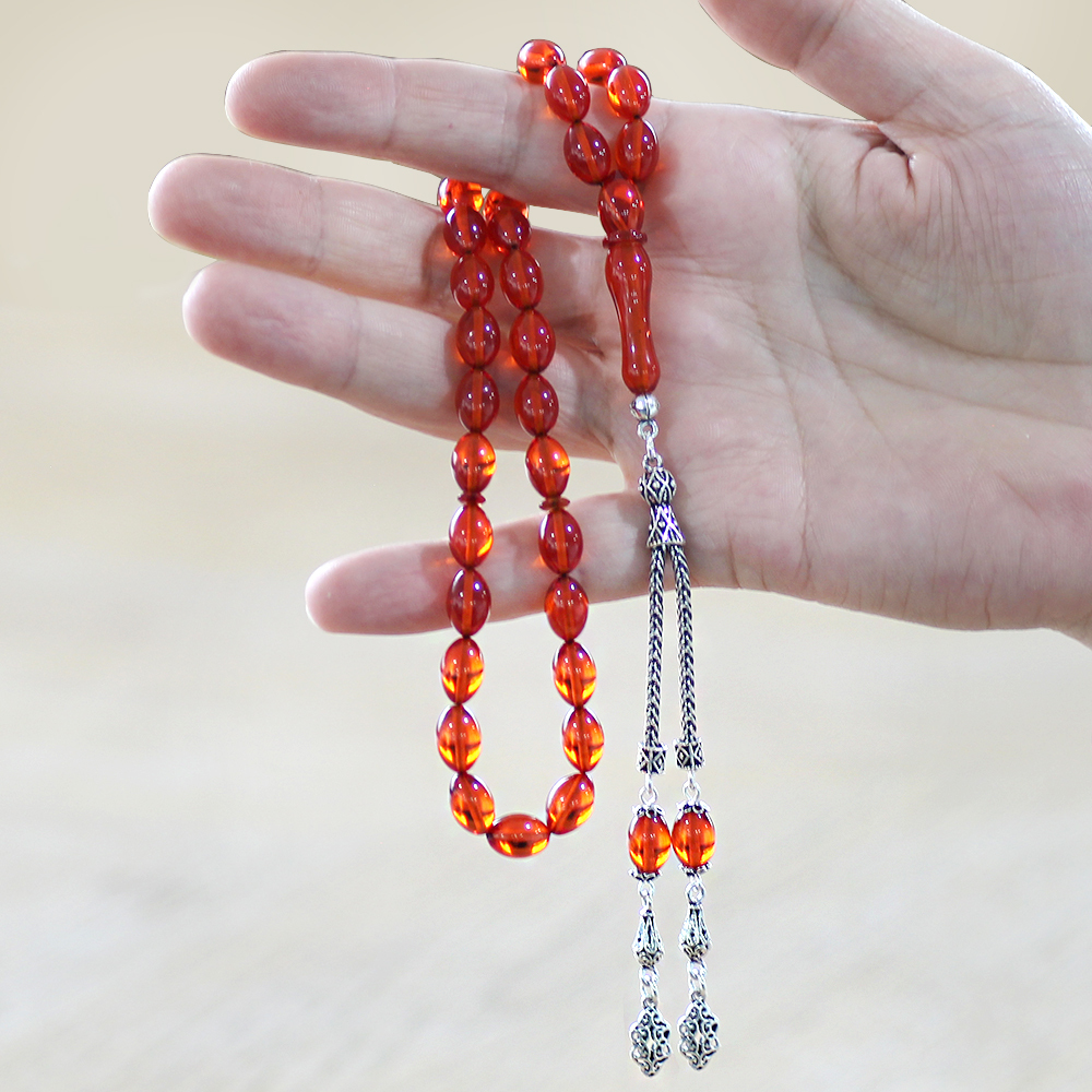925 Ayar Gümüş Çift Püsküllü Arpa Kesim Amber Kırmızı Ateş Kehribar Tesbih - 3