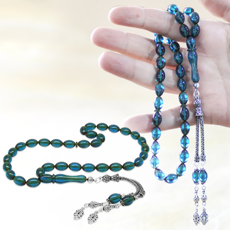925 Ayar Gümüş Çift Püsküllü Arpa Kesim Turkuaz Ateş Kehribar Tesbih - Tesbihane