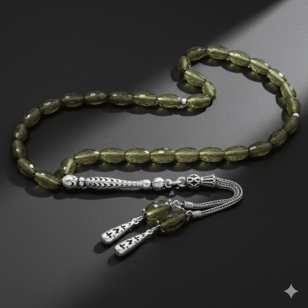 925 Ayar Gümüş Çift Püsküllü Fasetalı Arpa Kesim Zultanit Tesbih - Tesbihane