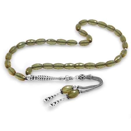 925 Ayar Gümüş Çift Püsküllü Fasetalı Arpa Kesim Zultanit Tesbih - Tesbihane