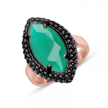 925 Ayar Gümüş Çift Sıra Siyah ve Yeşil Zirkon Taşlı Yüzük - Tesbihane