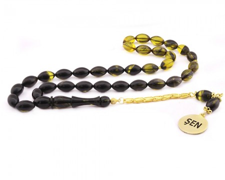 925 Ayar Gümüş İsim Yazılı Püsküllü Arpa Kesim Sıkma Kehribar Tesbih - Tesbihane