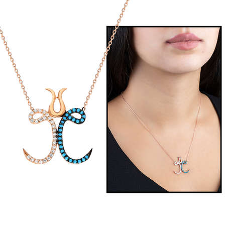 Zirkon-Turkuaz Taşlı Çift Vav Lale Tasarım 925 Ayar Gümüş Bayan Kolye - Tesbihane