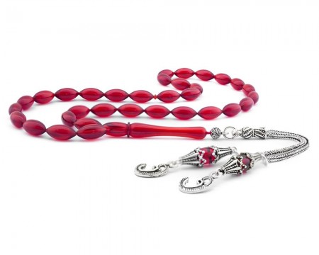 925 Ayar Gümüş Çift Vav Püsküllü Kırmızı Kehribar Tesbih - Tesbihane