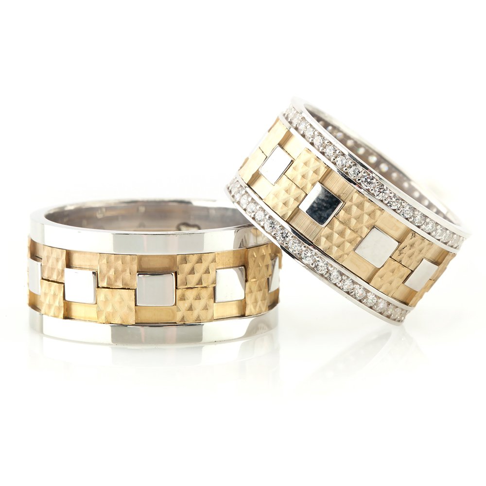 Modern Damalı Tasarım Gold-Gri Renk 925 Ayar Gümüş Çift Alyans - 1