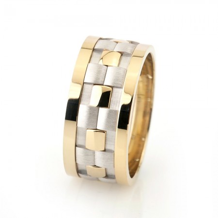 Klasik Damalı Tasarım Gold-Gri Renk 925 Ayar Gümüş Erkek Alyans - Tesbihane