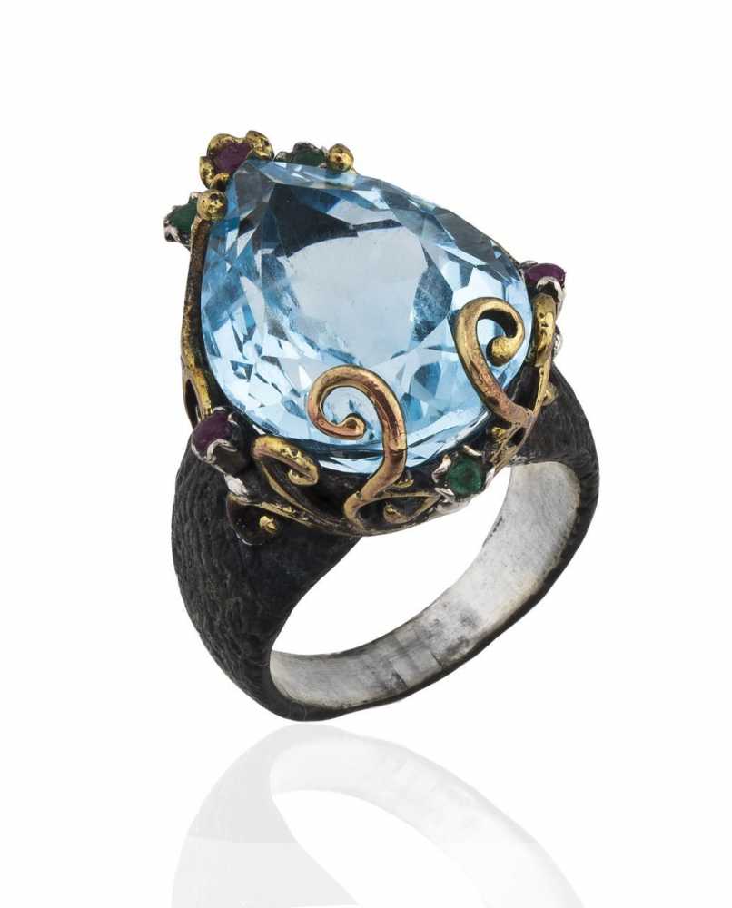 925 Ayar Gümüş Damla Blue Topaz Taşlı Otantik Yüzük - 1