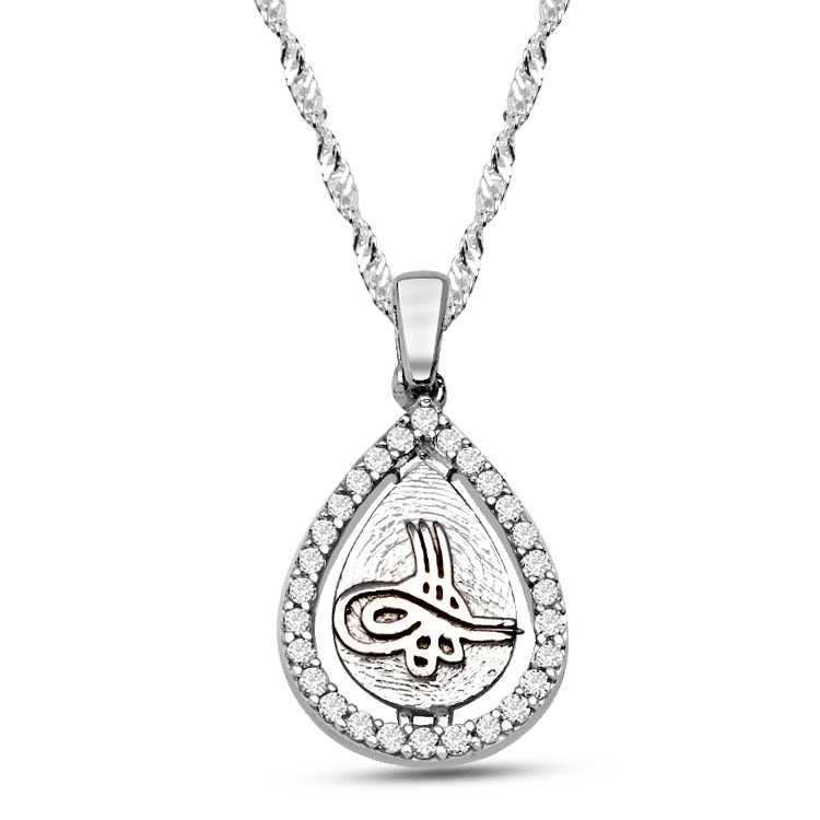 925 Ayar Gümüş Damla Model Tuğra Kolye (PTK0001) - 1