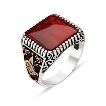 925 Ayar Gümüş Devlet Armalı Tuğralı Akik Yüzük - Tesbihane