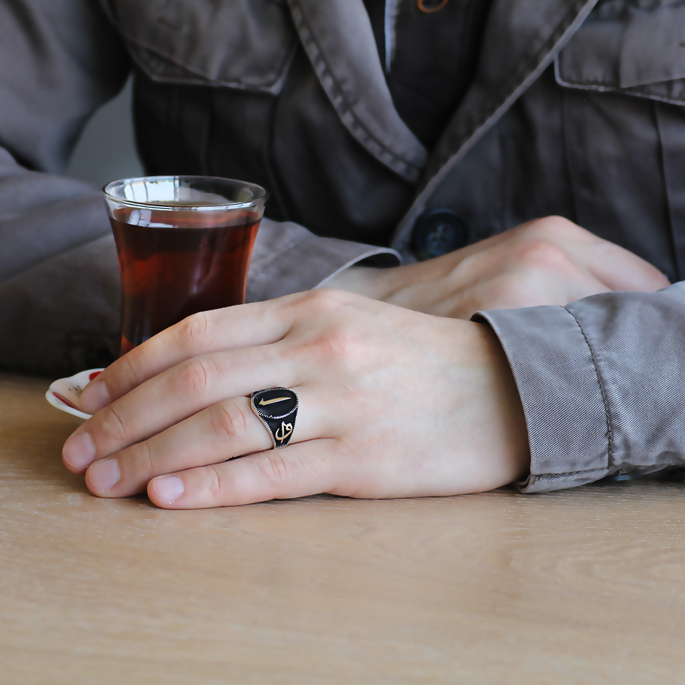 Yanları Elif Vav İşlemeli Üzeri Elif Yazılı 925 Ayar Gümüş Erkek Yüzük - 3