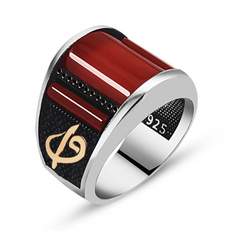 925 Ayar Gümüş Elif Vav Detaylı Akik Taşlı Gümüş Yüzük - Tesbihane