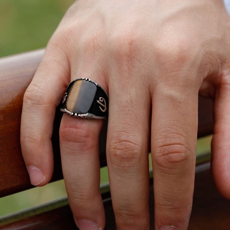 925 Ayar Gümüş Elif Vav Detaylı Kaplan Gözü Yüzük - Tesbihane