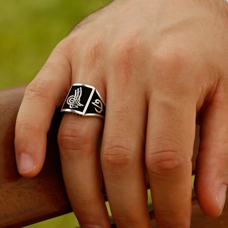 925 Ayar Gümüş Elif Vav Detaylı Tuğra Yazılı Yüzük (Model-3) - Tesbihane