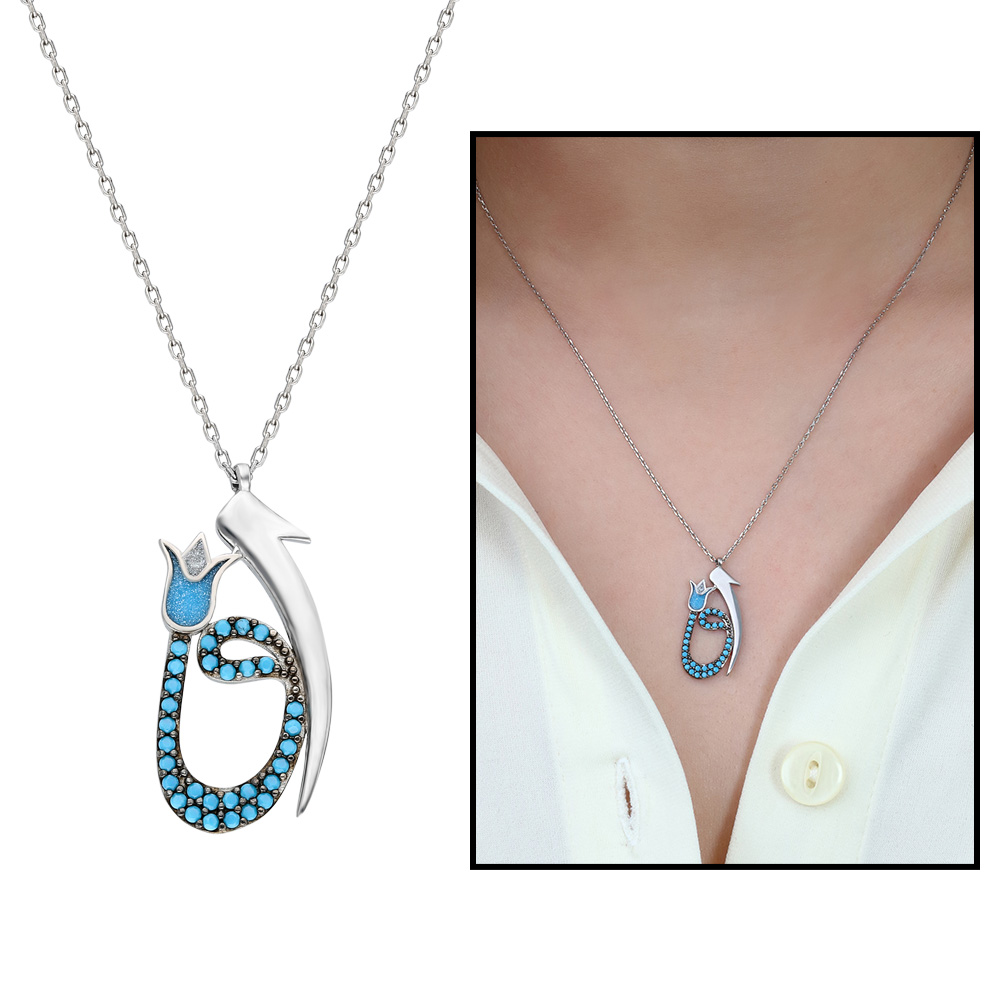 Turkuaz Zirkon Taşlı Elif Vav Lale Tasarım 925 Ayar Gümüş Bayan Kolye - 1