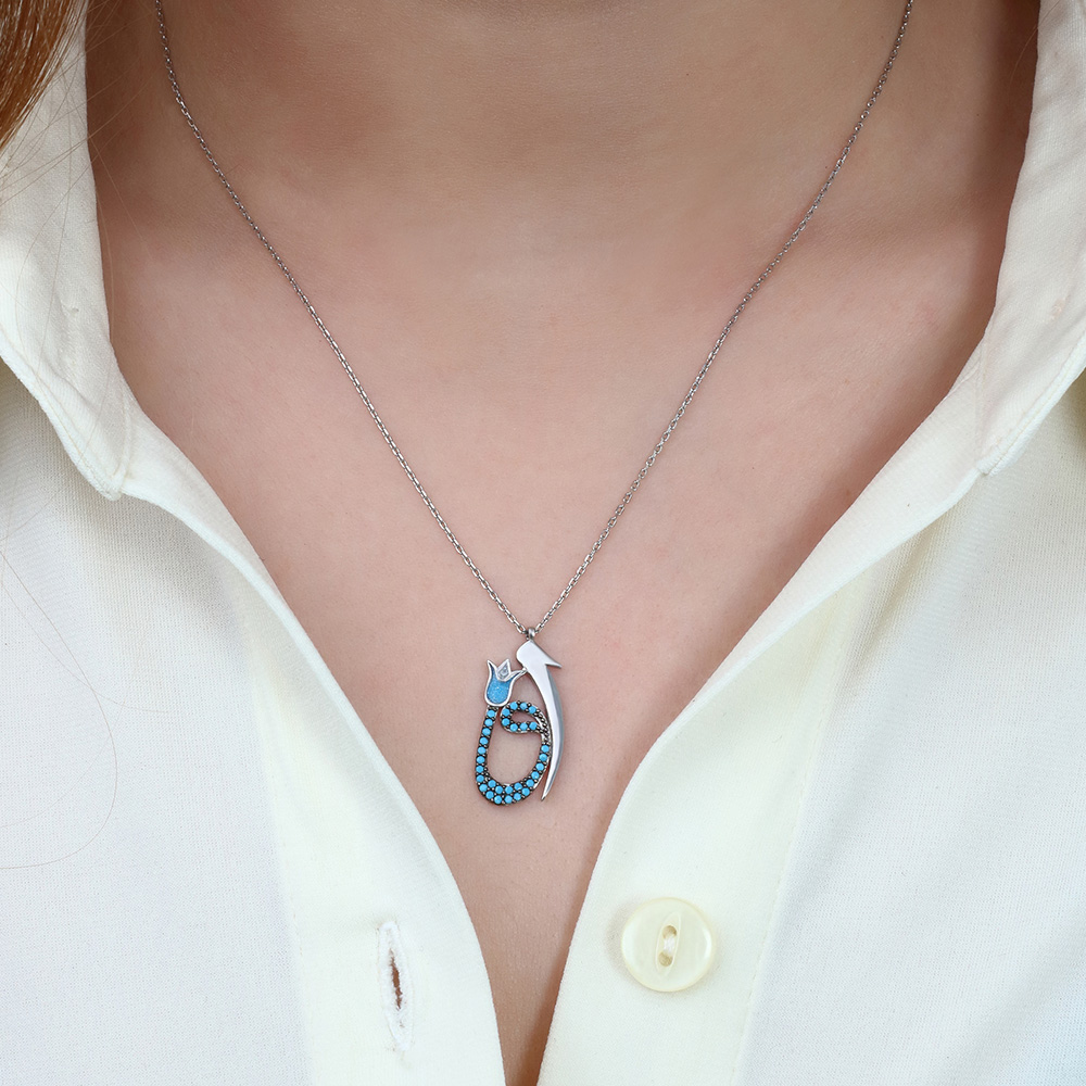 Turkuaz Zirkon Taşlı Elif Vav Lale Tasarım 925 Ayar Gümüş Bayan Kolye - 2
