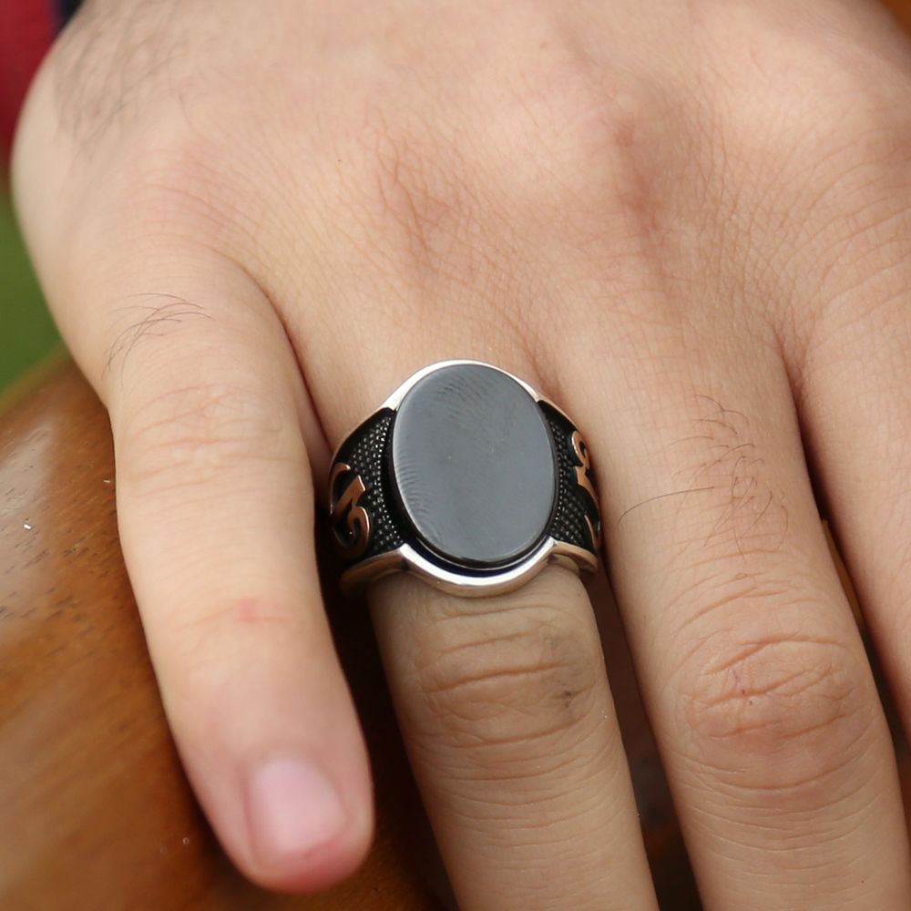 925 Ayar Gümüş Elif Vav Oval Oniks Taşlı Yüzük - 1