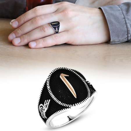 Tuğra İşlemeli Elif Yazılı 925 Ayar Gümüş Erkek Yüzük - Tesbihane