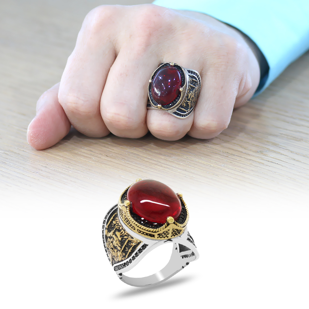 925 Ayar Gümüş Erkek Yüzük - Kırmızı Rubby Taşlı - Yanları Sultanahmet Camii Detaylı - 1