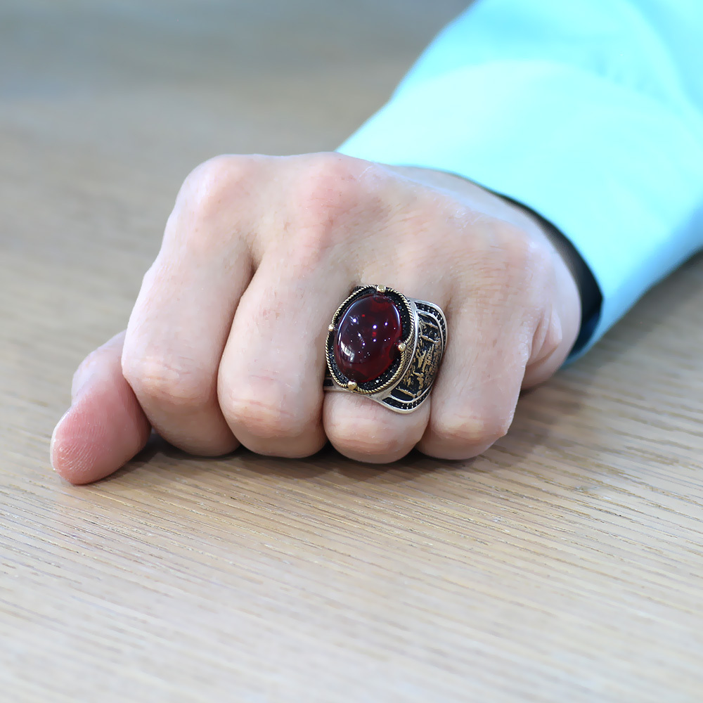 925 Ayar Gümüş Erkek Yüzük - Kırmızı Rubby Taşlı - Yanları Sultanahmet Camii Detaylı - 2