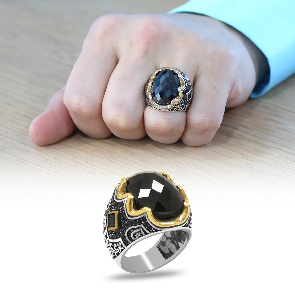 925 Ayar Gümüş Erkek Yüzük - Siyah Zirkon Taşlı - Yanları Gravür İşlemeli - 1