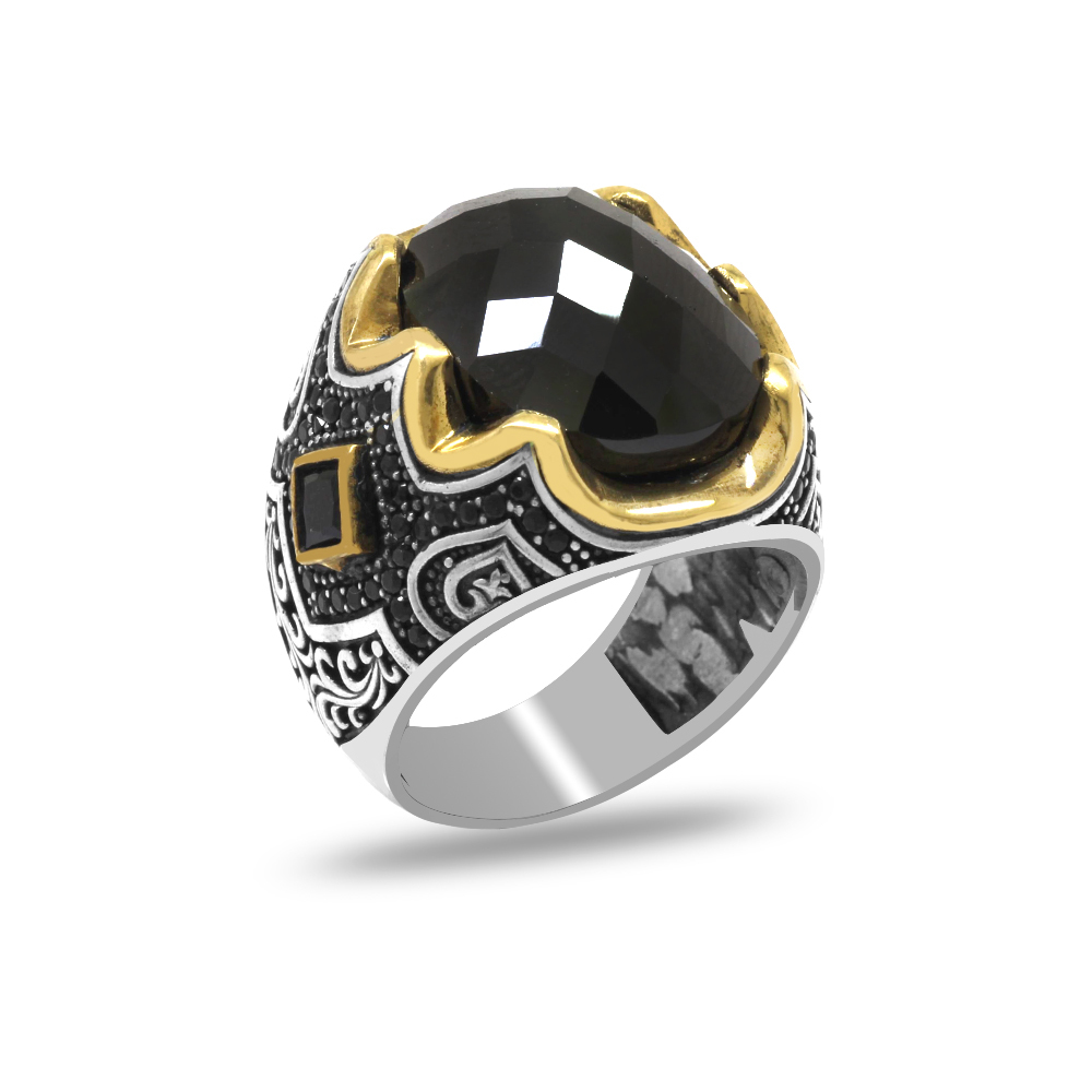 925 Ayar Gümüş Erkek Yüzük - Siyah Zirkon Taşlı - Yanları Gravür İşlemeli - 3