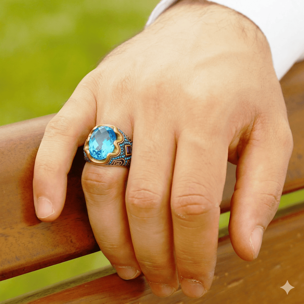 925 Ayar Gümüş Erkek Yüzük - Turkuaz Zirkon Taşlı - Yanları Gravür İşlemeli - 2