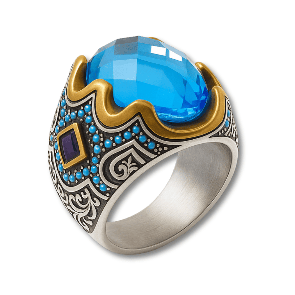 925 Ayar Gümüş Erkek Yüzük - Turkuaz Zirkon Taşlı - Yanları Gravür İşlemeli - 3