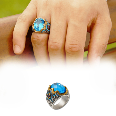 925 Ayar Gümüş Erkek Yüzük - Turkuaz Zirkon Taşlı - Yanları Gravür İşlemeli - 