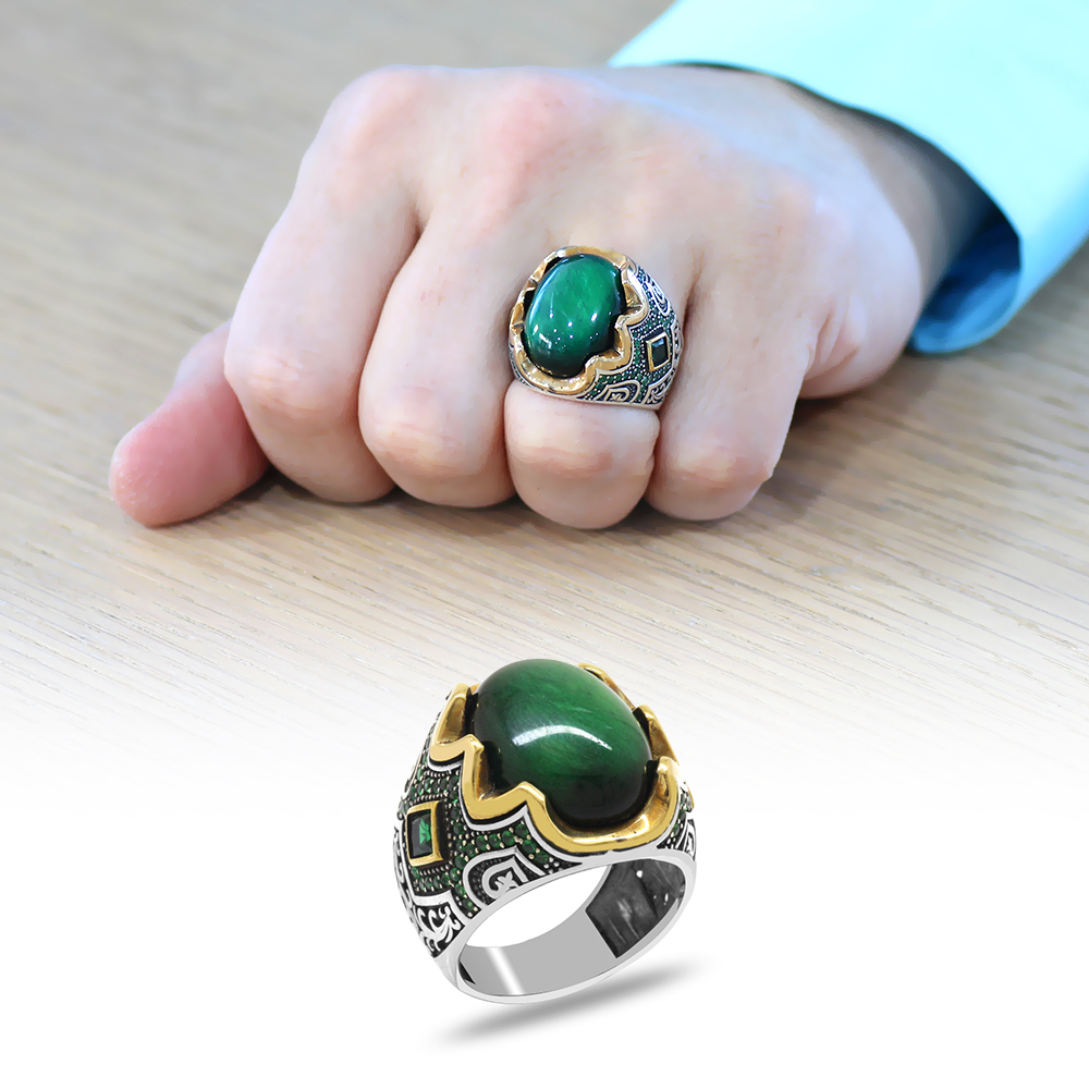 925 Ayar Gümüş Erkek Yüzük - Yeşil Kaplan Gözü Taşlı - Yanları Gravür İşlemeli - 1