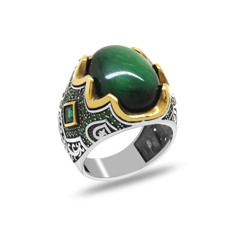 925 Ayar Gümüş Erkek Yüzük - Yeşil Kaplan Gözü Taşlı - Yanları Gravür İşlemeli - 3