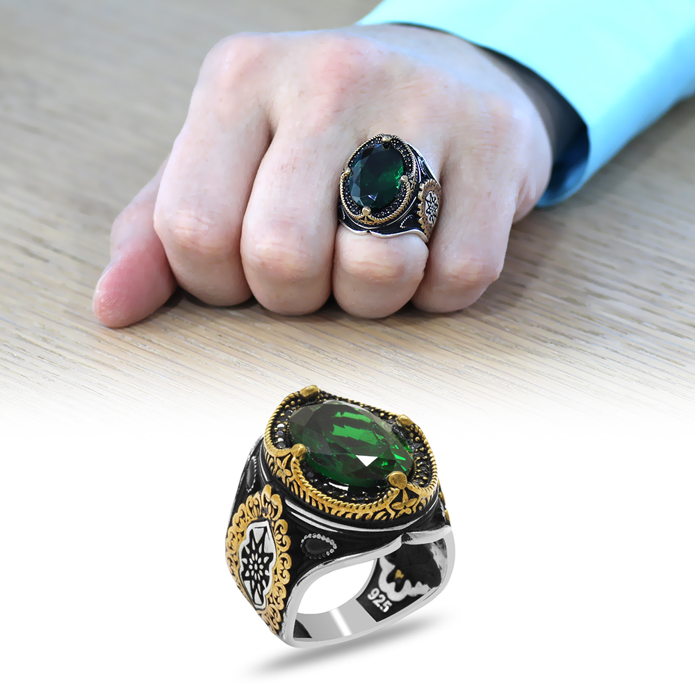 925 Ayar Gümüş Erkek Yüzük - Yeşil Zirkon Taşlı - Yanları Güneş Detaylı - 1