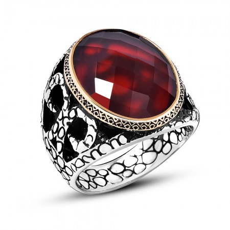 Fasetalı Kesim Kırmızı Zirkon Taşlı 925 Ayar Gümüş Erkek Yüzük - STOKYOK