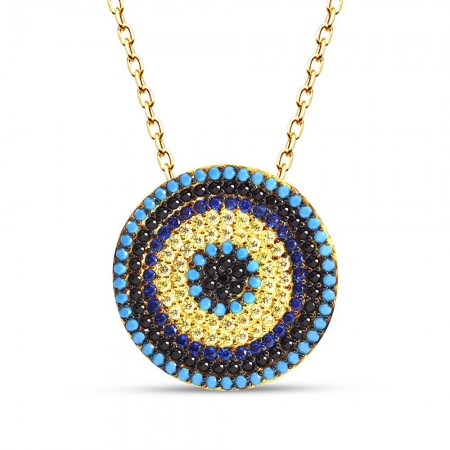 Zirkon ve Firuze Taşlı Nazar Boncuğu 925 Ayar Gümüş Bayan Kolye - Tesbihane