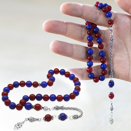 925 Ayar Gümüş Foxtail Zincir Püsküllü Küre Kesim Bordo Mavi Jade Doğaltaş Taraftar Tesbih - Tesbihane