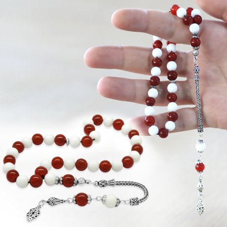 925 Ayar Gümüş Foxtail Zincir Püsküllü Küre Kesim Kırmızı Beyaz Jade Akik Doğaltaş Taraftar Tesbih - Tesbihane