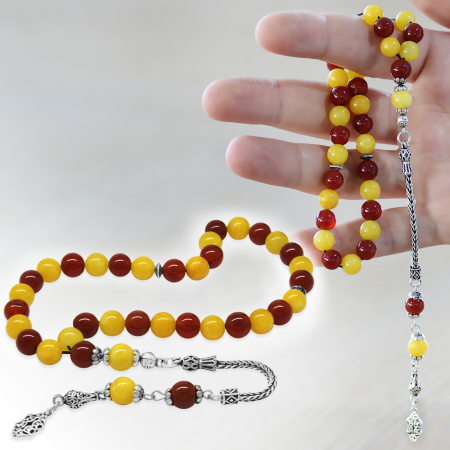 925 Ayar Gümüş Foxtail Zincir Püsküllü Küre Kesim Sarı Kırmızı Jade Akik Doğaltaş Taraftar Tesbih - Tesbihane