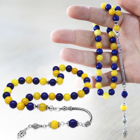 925 Ayar Gümüş Foxtail Zincir Püsküllü Küre Kesim Sarı Lacivert Jade Doğaltaş Taraftar Tesbih - Tesbihane