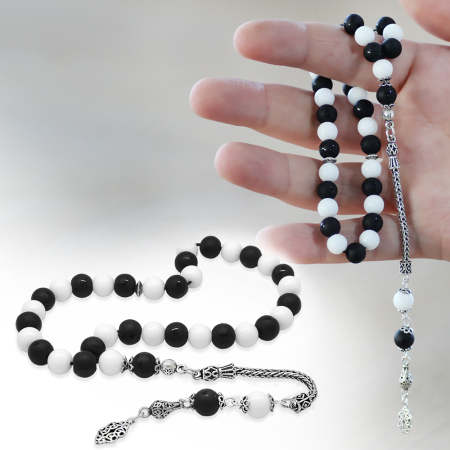 925 Ayar Gümüş Foxtail Püsküllü Küre Kesim Siyah Beyaz Jade Oniks Doğaltaş Taraftar Tesbih - Tesbihane