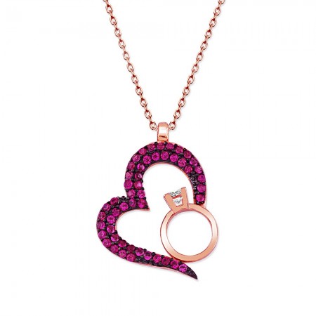 925 Ayar Gümüş Fuşya Kalp Tektaş Tasarım Kolye - Tesbihane