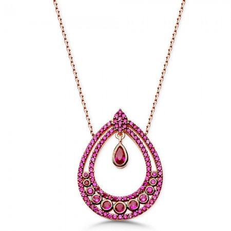 925 Ayar Gümüş Fuşya Rengi Zirkon Taşlı Damla Kolye - Tesbihane