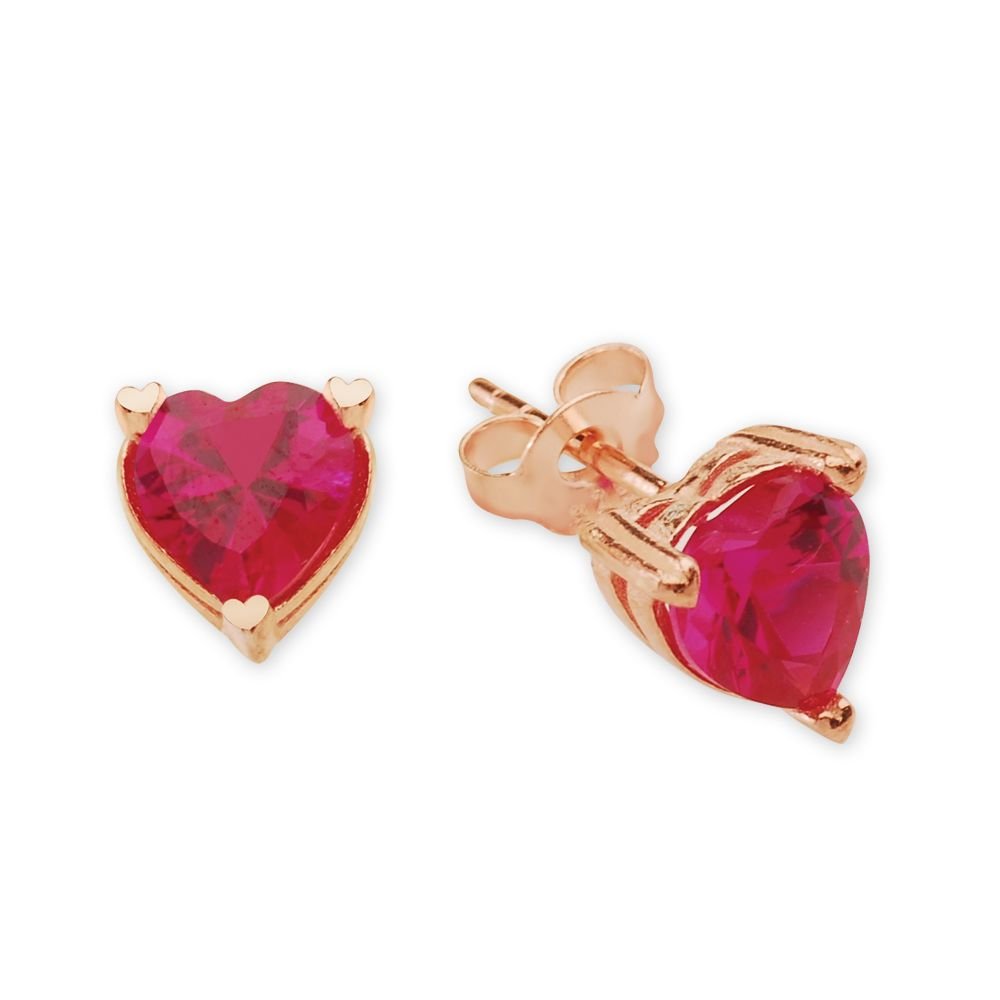 925 Ayar Gümüş Fuşya Rengi Zirkon Taşlı Rose Kalp Küpe - 1