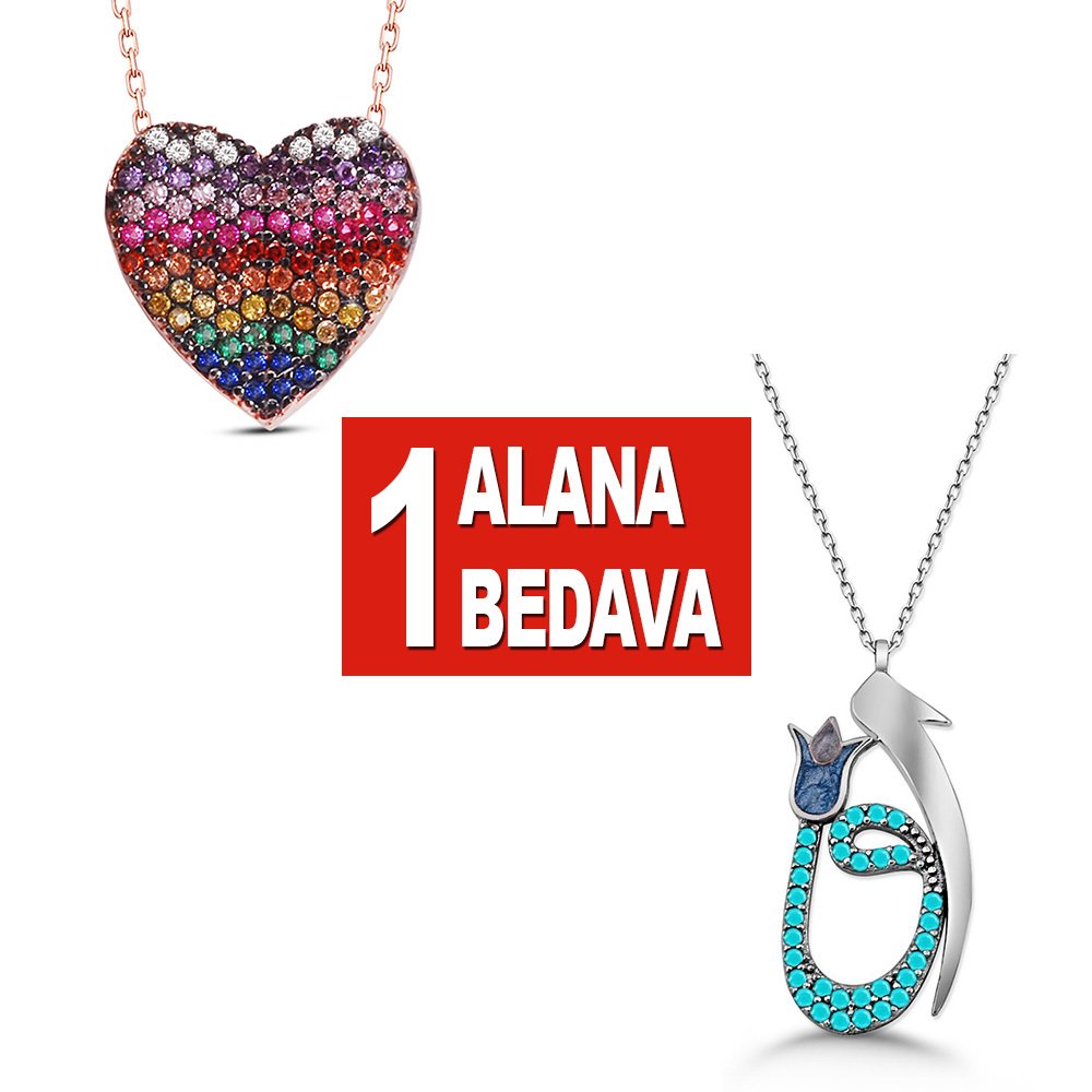 925 Ayar Gümüş Gökkuşağı Kalp ve Elif Vav Kolye - 1