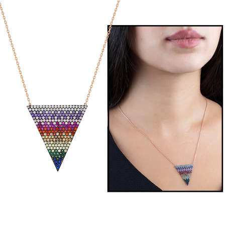 Gökkuşağı Renkli Zirkon Taşlı Üçgen Tasarım 925 Ayar Gümüş Bayan Kolye - Tesbihane