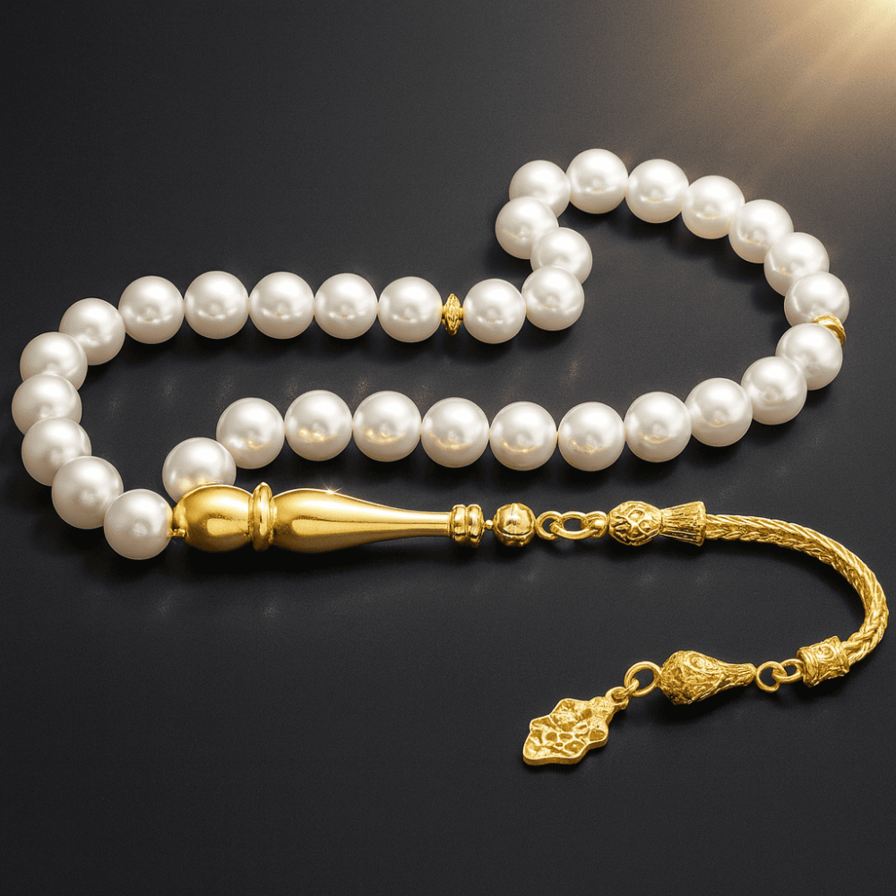 925 Ayar Gümüş Gold Püsküllü Küre Kesim Doğal İnci Doğaltaş Tesbih - 1