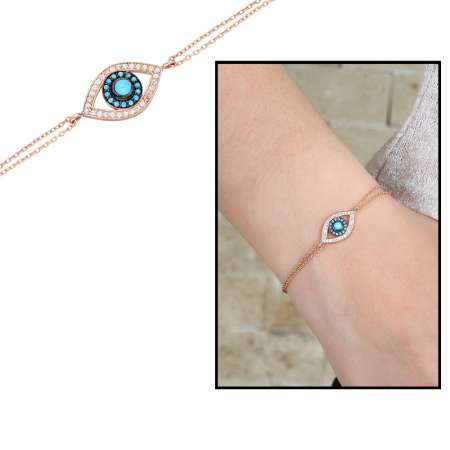 Zirkon Taşlı Göz Nazar Tasarım 925 Ayar Gümüş Bayan Bileklik - Tesbihane